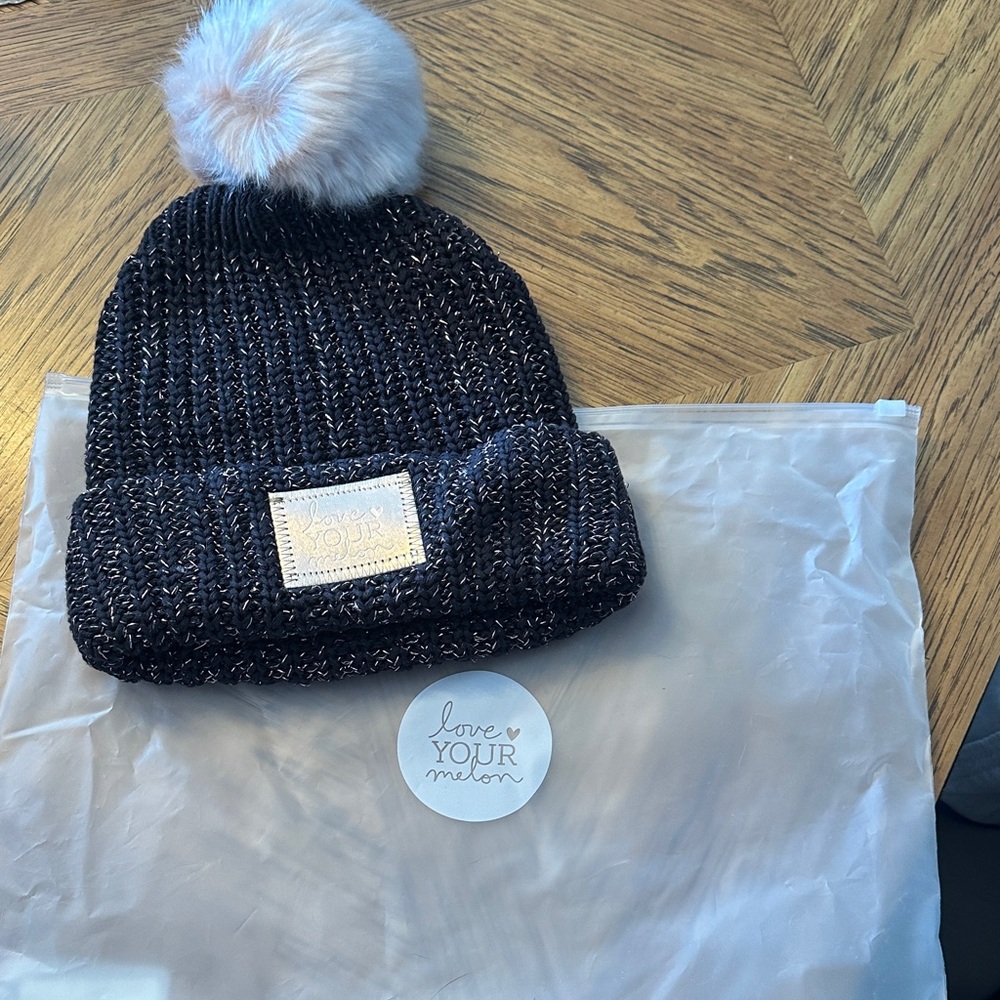 Love Your Melon Black and Rose Gold Beanie with Pom-Pom